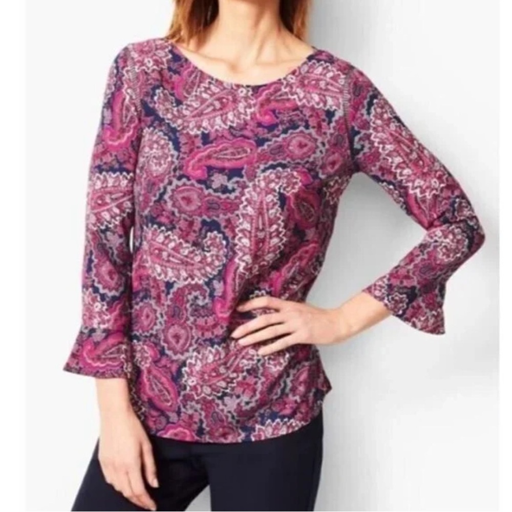 Talbots Pink Purple Paisley Tulip 3/4 Sleeve Blouse Top Petite Medium MP